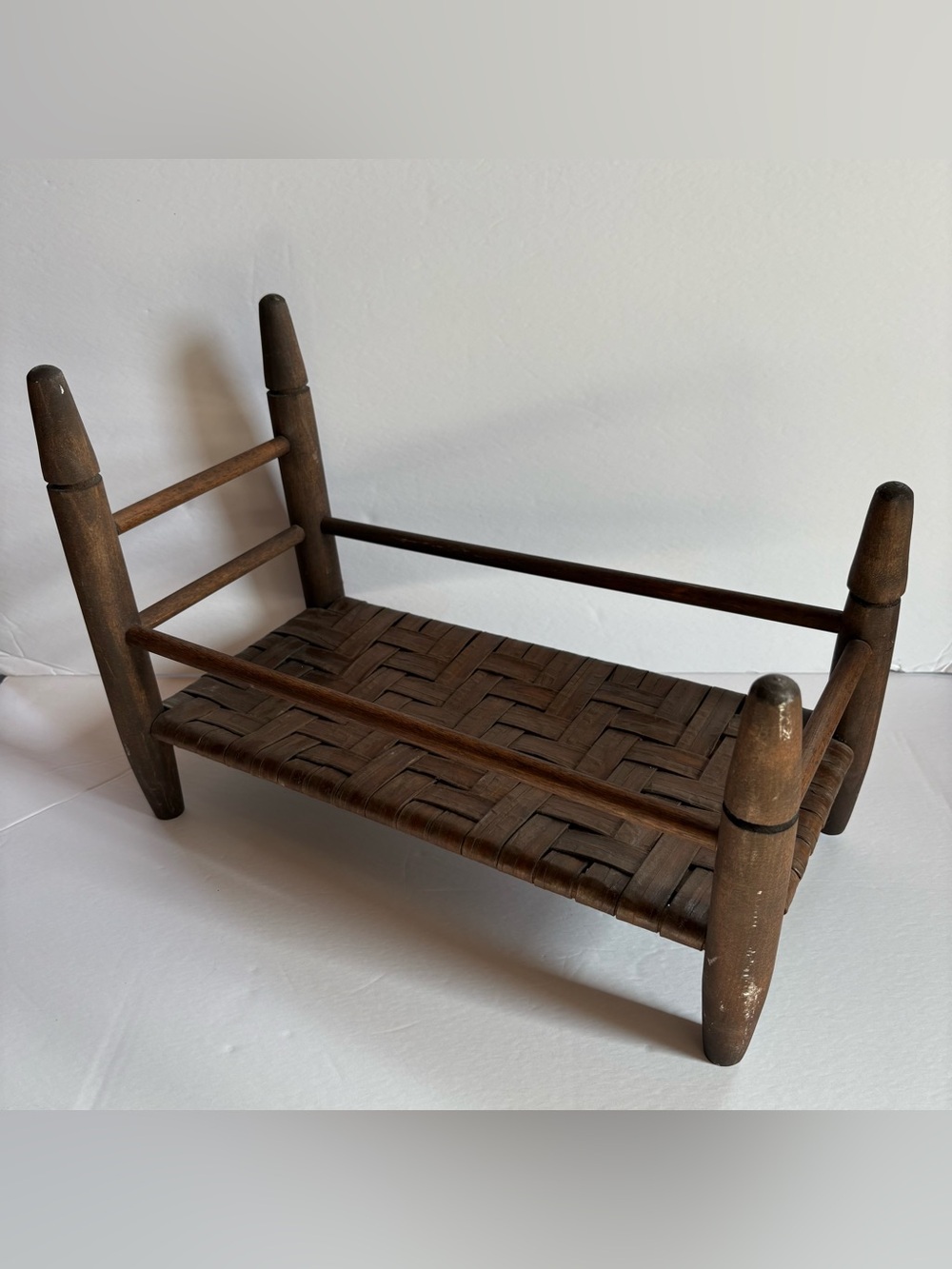Vintage Primitive Shaker Style Wooden Woven Doll Cradle Bed